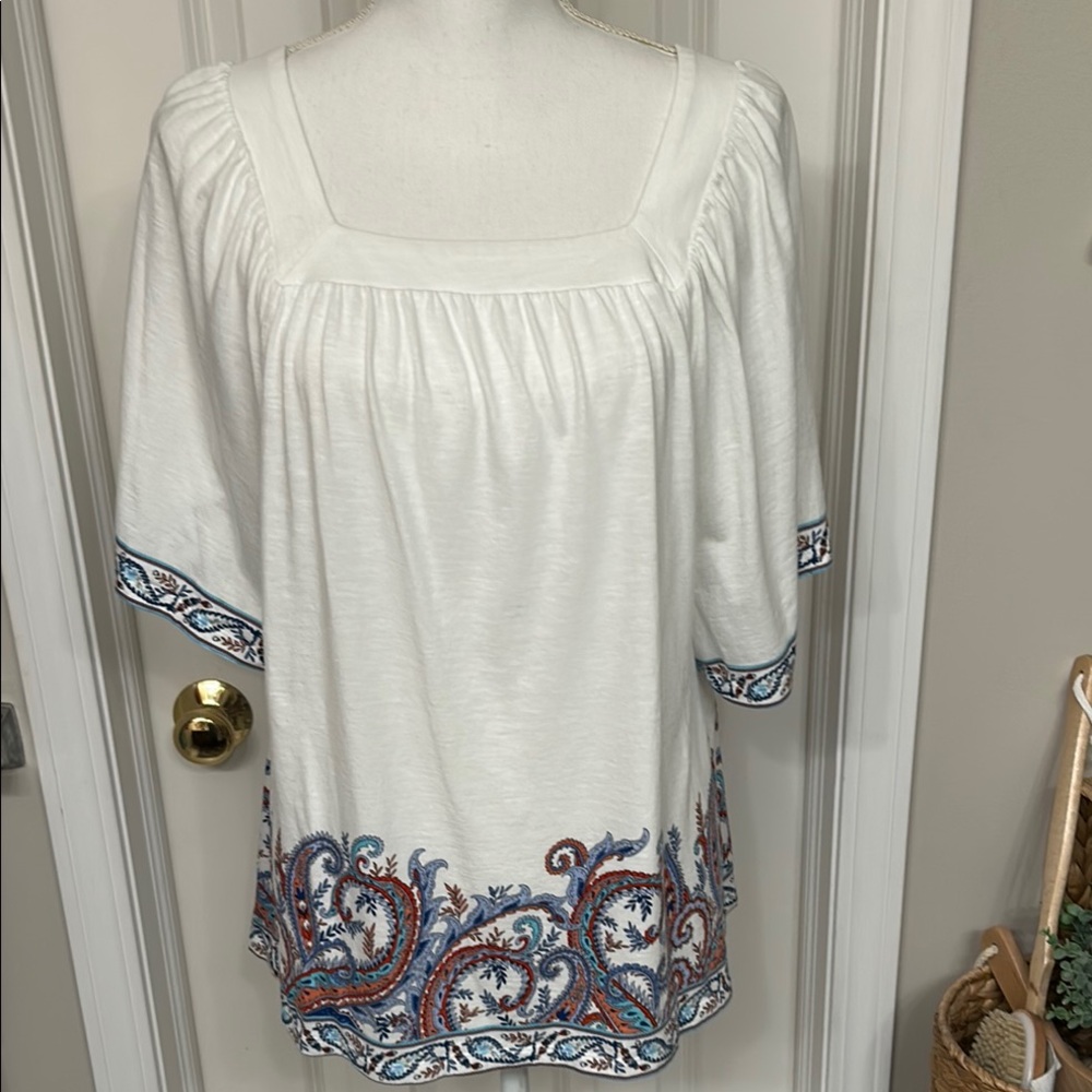 J. Jill White and Blue Embellished 3/4 Sleeve Blouse